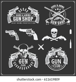 Collection Of Guns. Revolvers, Shotguns And Rifles. Gun Club Labels And Design Elements.