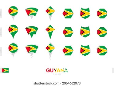 Collection of the Guyana flag in different shapes and with three different effects. Vector flag set.