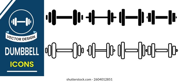 Collection of Gym dumbbell vector. Dumbbell icon, vector set. Silhouette of line and dumbbell weight vector design, Weight lifting dumbbell. Vector illustration.