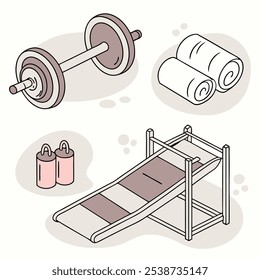 Uma coleção de equipamentos de ginástica, incluindo uma campainha, pesos, uma prancha deslizante e um par de toalhas, perfeito para ilustrar uma sessão de treino ou criar um design com tema de ginásio.