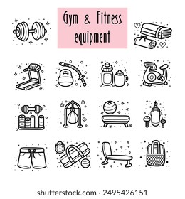 Collection of gym and fitness equipment icons, cute hand drawn doodles, playful black and white line art style, vector illustration.