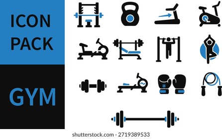 Collection of gym icons featuring exercise equipment and fitness symbols in black and blue on a white background