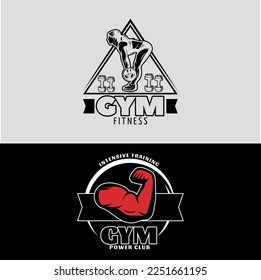 Collection of gym logo design, female character doing gym workout, barbell vector collection, dumbbells, man strong muscles, bicep logo - vector illustration