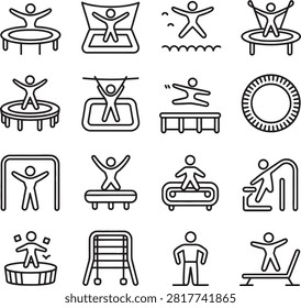 Collection of gymnastic and trampoline exercise icons with transparent background