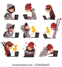 Collection of Hackers in Masks Stealing Information and Money Using Laptop, Internet Crime, Computer Security Technology Vector Illustration