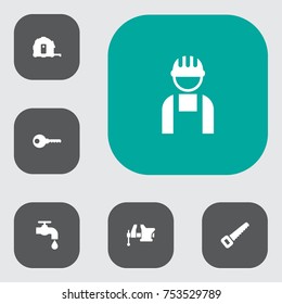 Collection Of Hacksaw, Meter, Protection And Other Elements.  Set Of 6 Construction Icons Set. 