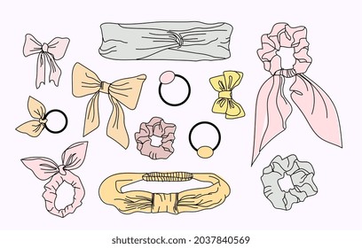 Collection of hair accessories. Beautiful elastic bands, bows and headbands for creating hairstyles. Stickers for websites and posters. Cartoon doodle flat vector set isolated on white background