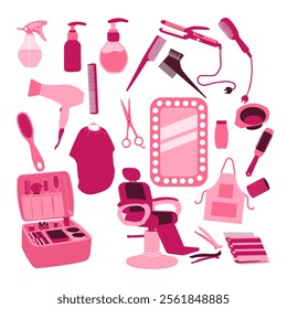 A collection of hair and beauty tools and accessories. The tools include scissors, combs, and hair dryers	