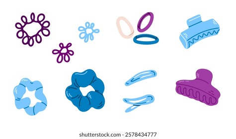 Collection with Haircare Accessories. Set featuring hair styling accessories like scrunchies, clips, and combs in soft blue and purple hues. Ideal for beauty and fashion design