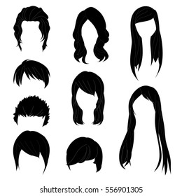 Collection Hairstyle for Man and Woman Black Hair Color Set 1. Vector illustration isolated on White Background