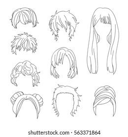 Collection Hairstyle for Man and Woman Hair Drawing Set 2. Vector illustration isolated on White Background