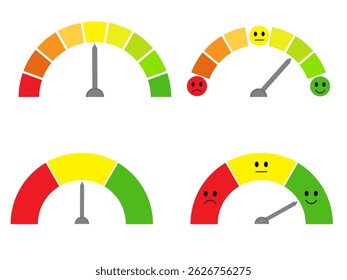 Collection of half-round scales from red to green with arrows and emoticons faces. Vector illustration isolated on white background