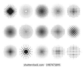 Collection of halftone circle vector illustration in realistic style. Set of rounded shapes with gradient dots minimalistic pattern isolated. Black and white gradation decorative bubbles textured spot