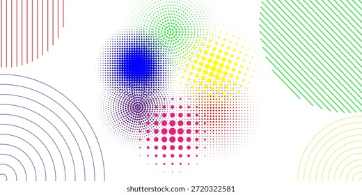 Una colección de fondos circulares de semitono. Formas de semitono hechas de puntos de color CMYK. Patrones circulares coloridos sobre un fondo blanco.