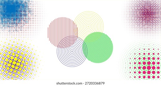 Una colección de fondos circulares de semitono. Formas de semitono hechas de puntos de color CMYK. Patrones circulares coloridos sobre un fondo blanco. ilustración de Vector