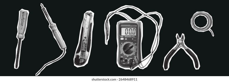 Collection of halftone cutout style illustrations featuring essential electrical tools and equipment including screwdriver, soldering iron, knife, multimeter, wire cutters, and electrical tape