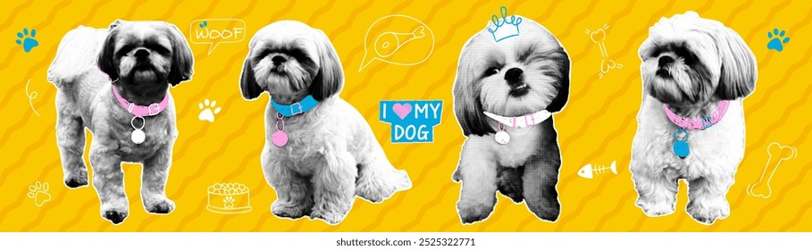 Collection of halftone dogs with naive doodle elements. Trendy collage elements in retro pop art style