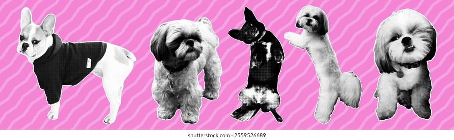 Collection of halftone dogs. Trendy collage elements in retro pop art style