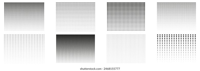 Collection Of Halftone Dot Pattern Background. Monochromatic Halftone Patterns With Gradual Dot Size Variations. Isolated Vector Illustration.