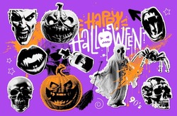 Collection Of Halftone Halloween Paper Collage Stickers. Grunge Vector Illustration With Pumpkin, Ghost, Skull And Vampire Monster. Halftone 90s Vintage Elements For Mixed Media Design.