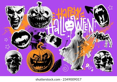 Collection of halftone Halloween paper collage stickers. Grunge Vector illustration with pumpkin, ghost, skull and vampire monster. Halftone 90s vintage elements for mixed media design.