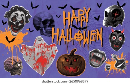 Collection of halftone Halloween paper collage stickers. Grunge Vector illustration with pumpkin, ghost, skull, mummy and vampire monster. 90s vintage elements for mixed media design.
