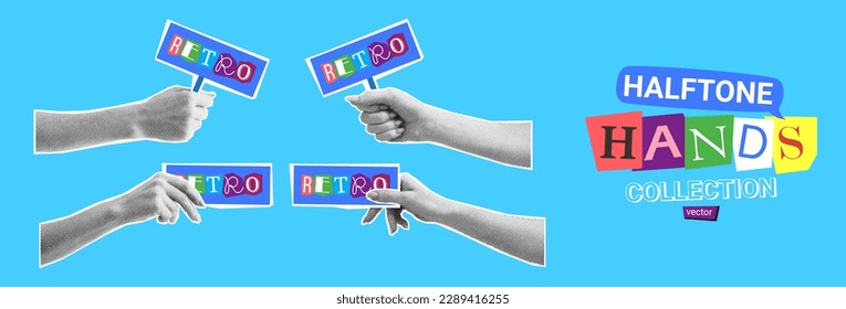 Collection of halftone hands. Vector illustration with hands with halftone effects for decoration of retro banners and vintage postres. Collection of collage elements. Hands hold cards.