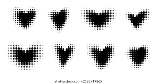 Collection of halftone hearts on a white background. Minimalist dotted pattern modern aesthetic. For Valentine's Day, love, and romantic designs.