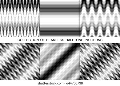 Collection of halftone seamless backgrounds. Striped black and white textures.