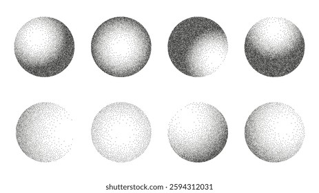 Collection of halftone sphere effect on a white background. Stipple sphere collection isolated on a white background. Grain sphere collection