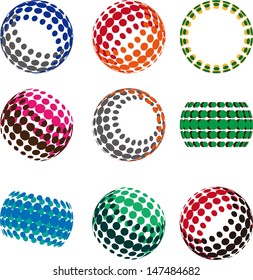 Collection of halftone sphere vector logo template. Abstract globe symbol, isolated round icon, business concept .You can use science and technology, tourism, financial or environmental background. 