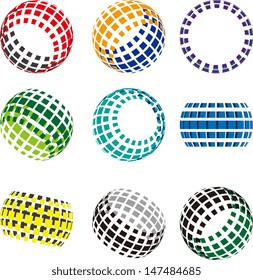 Collection of halftone sphere vector logo set. Abstract globe symbol, isolated round icon, business concept .You can use science and technology, tourism, global financial or environmental background. 