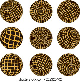 Collection of halftone sphere vector logo set. Abstract globe symbol, isolated round icon, business concept .You can use science and technology, tourism, global financial or environmental background. 