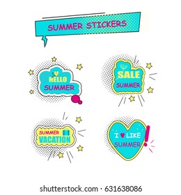 Collection of for halftone summer stickers, badges with text, labels. Pop art object on a white background. Vector illustration.