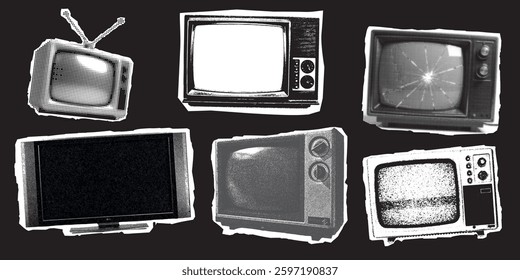 Collection halftone television receivers. Set on isolated background. Modern retro grunge vector illustration TV  with dots texture. Dotted photocopy. Halftone collage sticker
