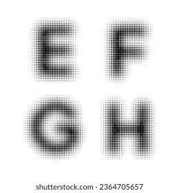 Collection of halftone vector EFGH letters templates. gradient dot design. Isolated black dots