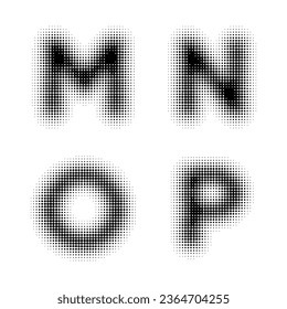 Collection of halftone vector MNOP letters templates. gradient dot design. Isolated black dots
