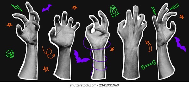 Collection of halftone zombie hands. Vector illustration with curve zombie hands with halftone effects for decoration of Halloween events. Set of collage elements. Doodle elements.