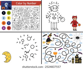 Collection with Halloween activity pages for kids. Funny games set in US Letter format. Color by number, dot to dot and maze templates bundle with spooky characters. Vector illustration