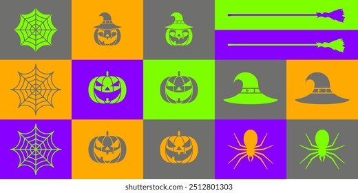 Coleção de Ativos de Halloween. Halloween Set com abóboras, chapéu de bruxas, vassoura e teias de aranha. Pacote de Ilustração de Vetor Estilizado.