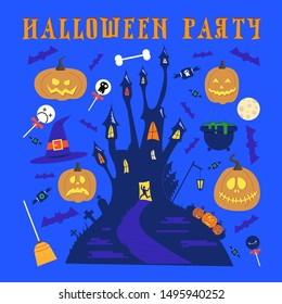 Collection of Halloween attributes. Creepy castle, pumpkins, candies, lollipops, wizard hat, pot, bats. Flat vector illustration