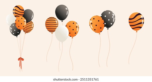 Collection of Halloween balloons design. White, black and orange balloons for decoration. 