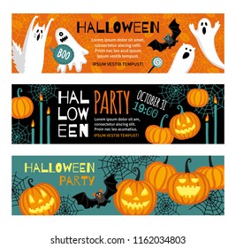 Collection of halloween banner templates. Flat style vector illustration. Cute characters. Invitations or greeting cards.