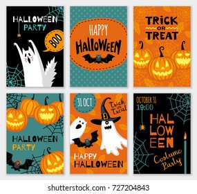 Collection of halloween banner templates. Flat style vector illustration. Cute characters. Invitations or greeting cards.
