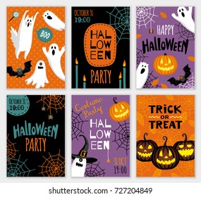 Collection of halloween banner templates. Flat style vector illustration. Cute characters. Invitations or greeting cards.