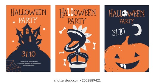 Collection of Halloween banner templates. Greeting cards with handwritten calligraphy and traditional symbols. Flat style vector illustration.  Invitations or greeting cards.