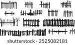 Collection of halloween broken wooden fence silhouettes ,Hand drawn wooden fence silhouettes, isolated on white background