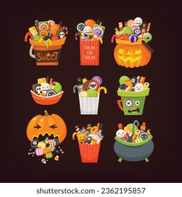 Collection of halloween buckets and packages with big variety of sweets and candies. Isolated vector images.