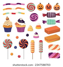 Collection of Halloween candies, cupcakes, and lollipops. Traditional Halloween treats. Vector illustration. Isolated on white background. Vector illustration.