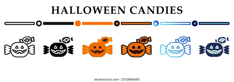 Collection of halloween candies icons in a variety of styles and colors. Representing halloween festive or spooky themes. Halloween sweets. Happy Halloween. 